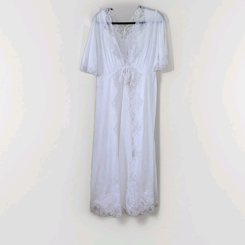 Vtg Gafer Full Slip Nightgown Robe Set IT 4  L White Nylon Calais Lace Italy NOS